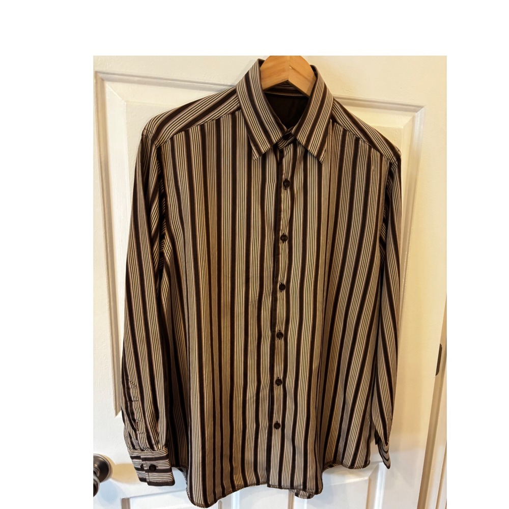 Tommy Bahama Vogue Brown Striped 100% Silk Long Sleeve Button Down Shirt Men SM